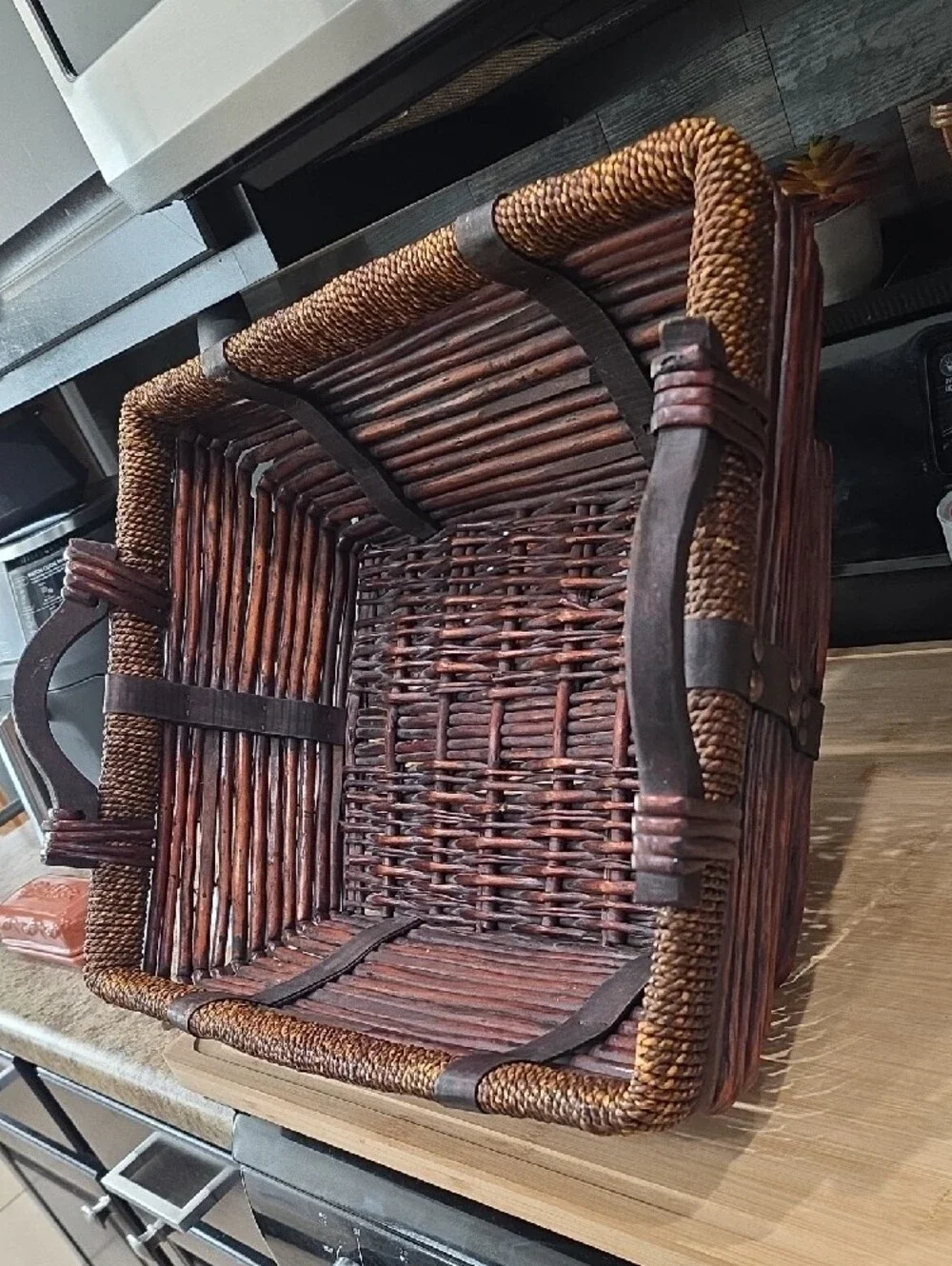 Handwoven Brown Rattan Storage Basket with Side Handles